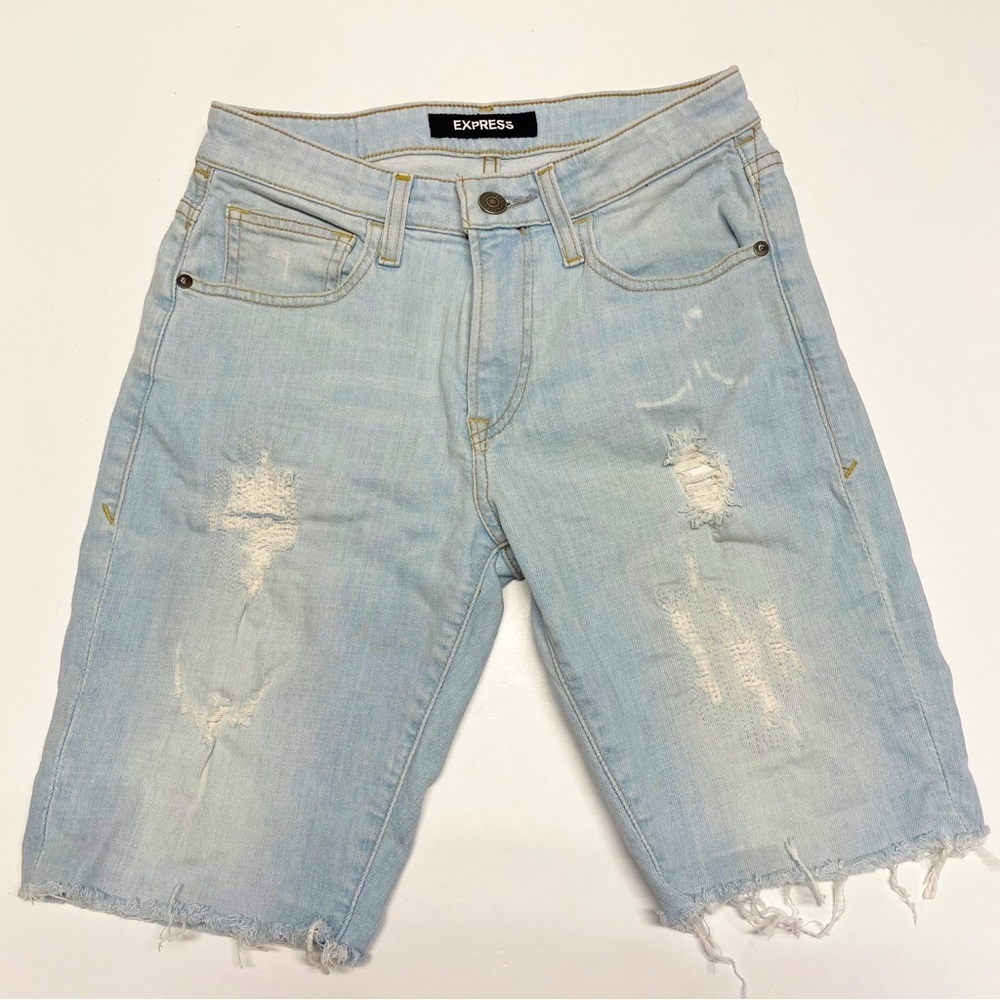 Express | Slim Stretch Distressed Denim Bermuda Shorts